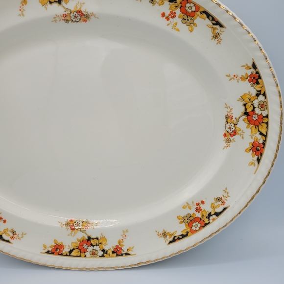 Vintage Johnson Bros. Old English Oval Serving Platter Navy Gold Orange Floral - Picture 4 of 12